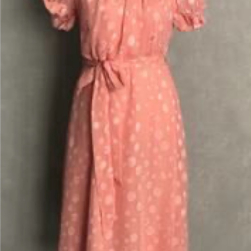 NY Collection Peach Swiss Dot Chiffon Midi Dress Tie Waist SZ PXL - Picture 4 of 4